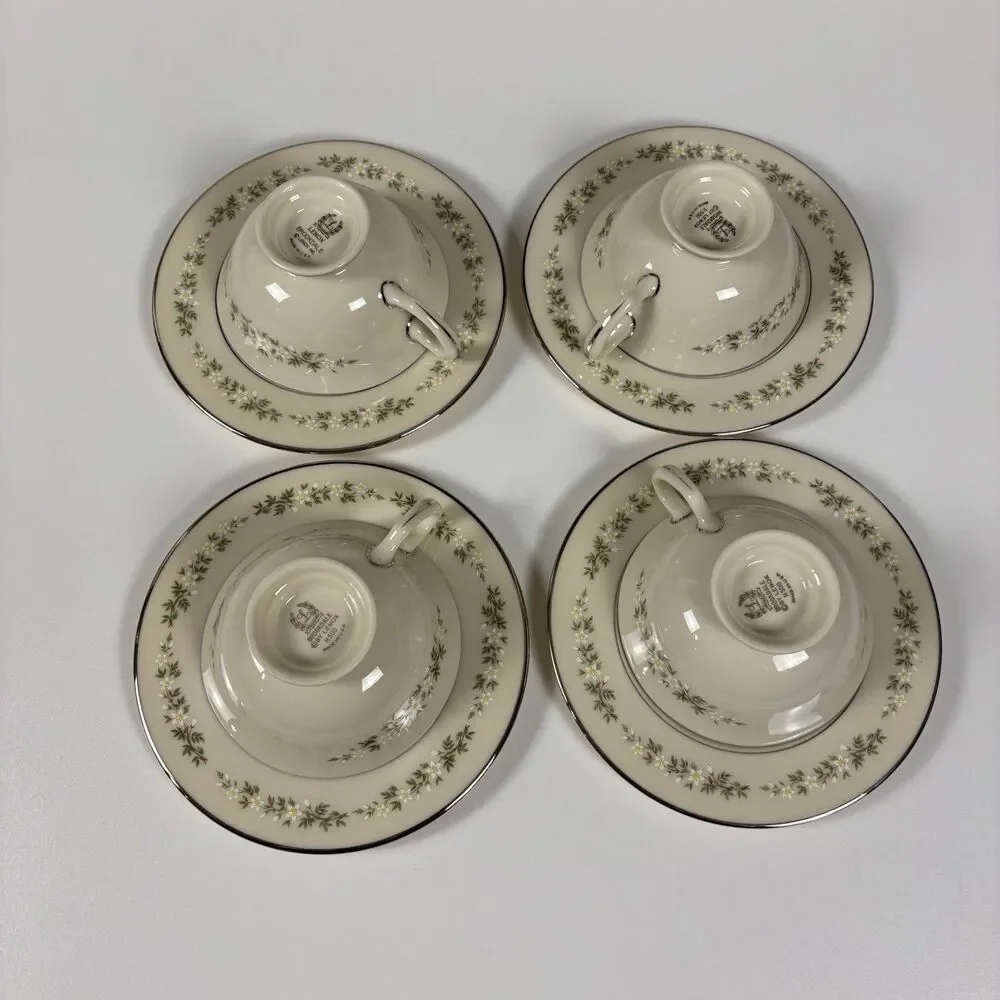 Vintage Lenox Brookdale H500 China Tea Cup Saucer Plate Floral Platinum Set of 4